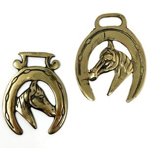 Vintage English horse head / profile brass medallion (set of two)